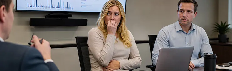 Woman in a work meeting discreetly holding back a burp, hand to mouth