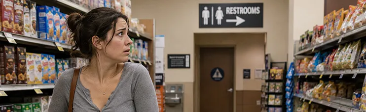 Woman in a grocery aisle glancing anxiously toward the restroom sign