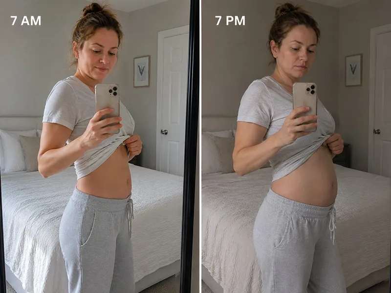 Results: same woman, same outfit — 7 AM versus 7 PM comparison after consistent use