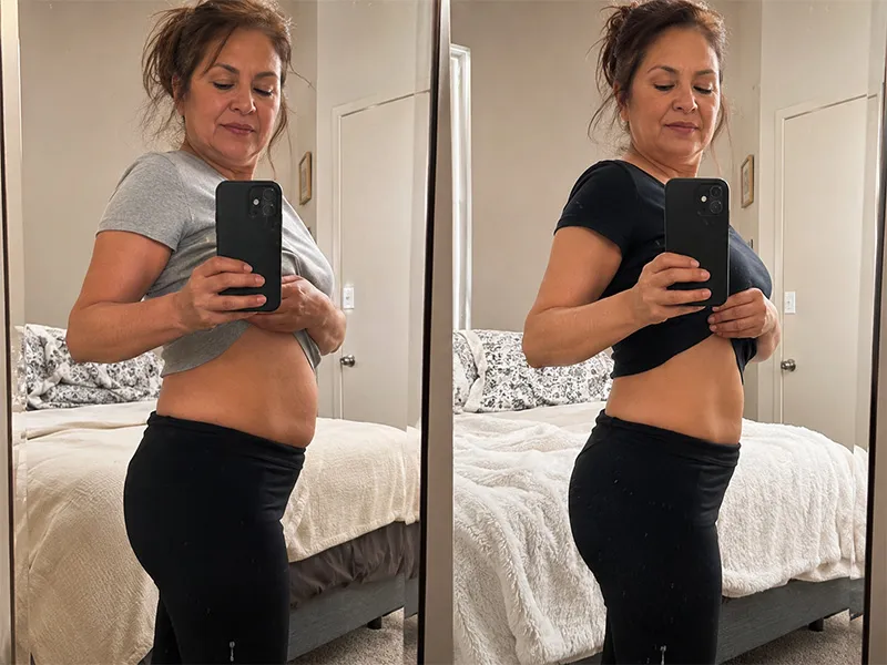 Donna, verified customer holding Vital Gut Health in her kitchen